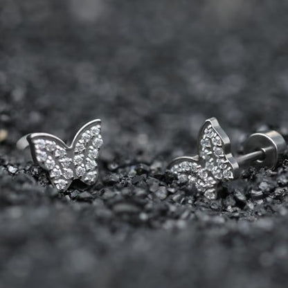 XUU 20G Flat Back Stud Earrings ASTM F136 Titanium & Sparkling CZ - color: silver butterfly