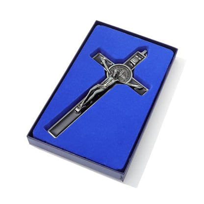 KOMI 7.5" Metal Crucifix Wall Cross with Black Enamel Catholic Jesus Cross - color: Black-Silver