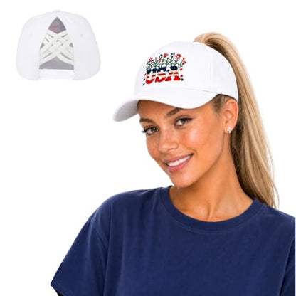 C.C Women's Criss-Cross Ponytail Trucker Hat - Snapback, One Size - color: Floral Usa-white