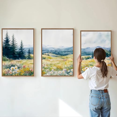 KaiWithYuan Watercolor Mountain Woodland Framed Canvas Wall Art, Nature Pine Tree Forest Wall Decor, Modern Daisy Flower Art Paintings, Cozy Meadow Artwork for Bedroom Living Room Office 16"x24"x3 - color: Watercolor Mountain Woodland