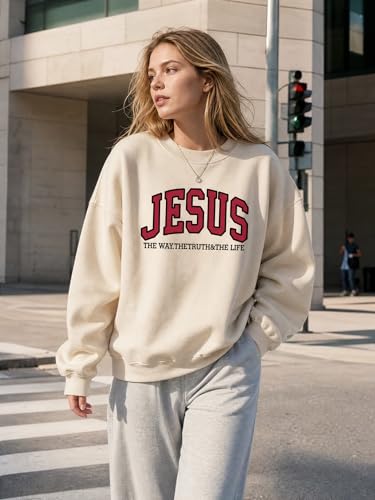 Christian Sweatshirts for Women Jesus Fleece Oversized Pullover Faith God Tops Crewneck Y2K Longsleeve - color: 4-beige, size: Medium