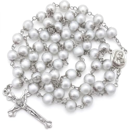Nazareth Store Wedding White Pearl Beads Rosary Handcrafted Prayer Necklace with Holy Soil Medal and Jesus Cross Crucifix - size: Large