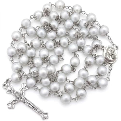 Nazareth Store Wedding White Pearl Beads Rosary Handcrafted Prayer Necklace with Holy Soil Medal and Jesus Cross Crucifix - size: Large