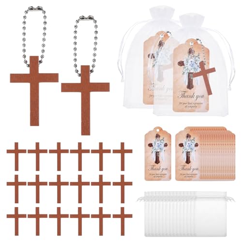 100 Sets Funeral Favors Wooden Cross Angel Keychain, Memorial Decorations for Celebration of Life Thank You Cards Organza Bags for Guest Baptism Religious Communion Family Friends Christian Gifts - style: Card 1