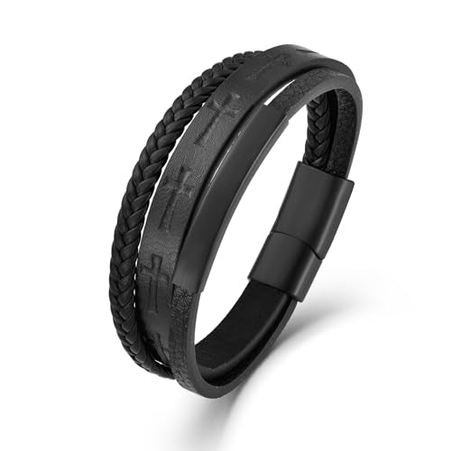 Mens Cuff Cross Bracelet Multi-Layer Braided Leather Cross Bracelet for Religious Bangle Wristband Faith Christian Jewelry for Men Teen - color: D.Black, size: 9.1in(23cm, Fits larger wrists)