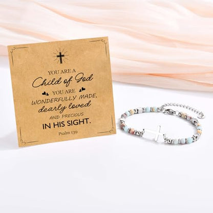 Christian Cross Bracelet for Women Girls, Adjustable Stainless Steel Beaded Cross Bracelets, First Communion Confirmation Easter Religious Bapstim Natural Gemstone Jesus Bracelet Gifts for Her - style: Child of God