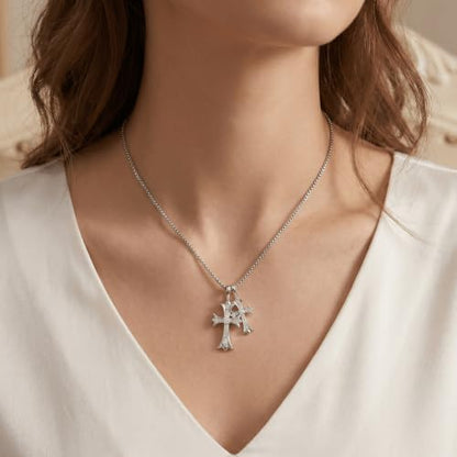 SHINYY Double Cross Necklace for Women and Men | Goth Punk Double Pendant Necklace | Gothic Grunge Religious Jewelry for Him Her - color: Silver 1
