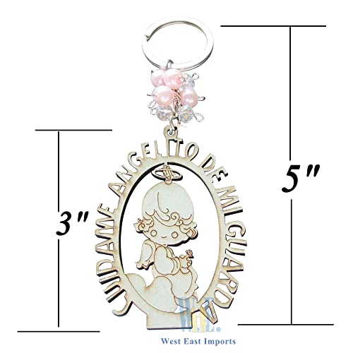 12 PCS Angel Keychain Baptism Favor Pink Beads Wood Design Bags