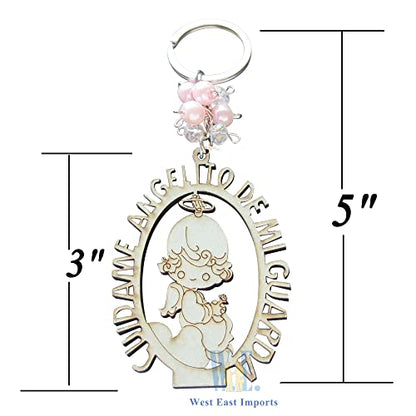 12 PCS Angel Keychain Baptism Favor Pink Beads Wood Design Bags