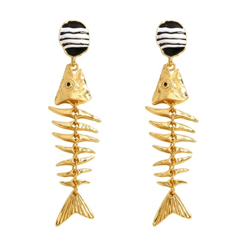 Creative Exaggerated Ocean Animal Drop Dangle Earrings for Women, Bohemia Style Alloy Lobster Octopus Fish Crab Earrings for Summer Beach Holiday Party Jewelry Gifts - style: Gold Fish Bone Earrings