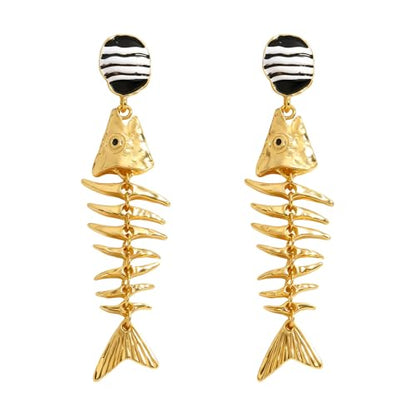 Creative Exaggerated Ocean Animal Drop Dangle Earrings for Women, Bohemia Style Alloy Lobster Octopus Fish Crab Earrings for Summer Beach Holiday Party Jewelry Gifts - style: Gold Fish Bone Earrings