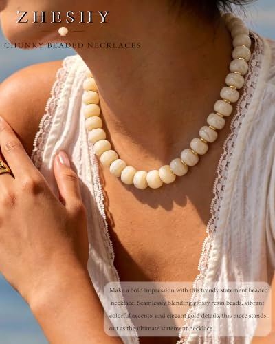 ZHESHY Chunky Beaded Necklaces for Women Heart Cross Statement Necklace - color: White