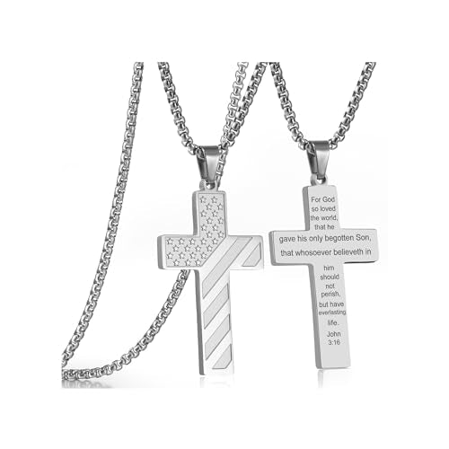 RWQIAN American Flag Cross Necklace for Men Bible Verse, Christian Religious Scriptures Faith Baptism 1st First Communion Pendant Chain for Boys, Fathers Dad Day Graduation Jewelry Gifts for Him - color: Silver, style: John 3-16