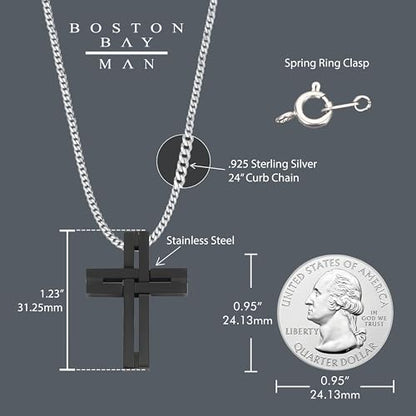 Men's Cross Pendant Necklace in 316L Stainless Steel Interlocking Woven Cross on 24” Curb Chain, Choice of Color - color: Black Stainless Steel