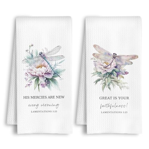 Floral Dragonfly Christian Kitchen Towels, Lamentations 3:23 Bible Verse Dish Tea Towels, Religious Faith Gifts Decorative Hand Towel for Bathroom Kitchen, 16x24 Inch Set of 2 - color: Lamentations 3:23 - Dragonfly and Peony