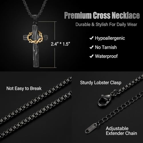 MOOSKI Cross Necklace for Men 316L Stainless Steel Crucifix Jesus 24" Chain - color: Black-gold