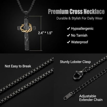 MOOSKI Cross Necklace for Men 316L Stainless Steel Crucifix Jesus 24" Chain - color: Black-gold