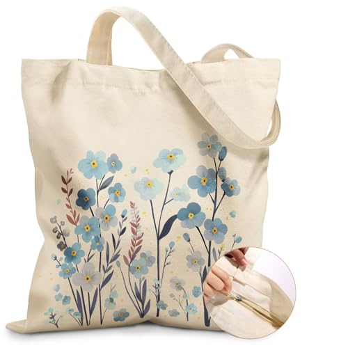 Miss Adola Canvas Tote Bag for Women with Zipper, Blue Flowers - color: Blue Flowers