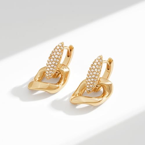 VACRONA Gold Heart Hoop Earrings Huggie Earrings for Women 14k Gold Plated Small Hoops Earrings - color: Chain Dangle-Gold