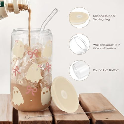 SANDJEST Halloween 16oz Can Glass Tumbler with Acrylic Lid & Straw, Iced Coffee Cup for Women Girls, Aesthetic Cups Gifts for Party - color: Boo