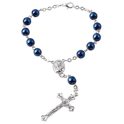 Hematite Beads Auto One Decade Car Rosary Clasp Terra Jerusalem Medal - style: Blue