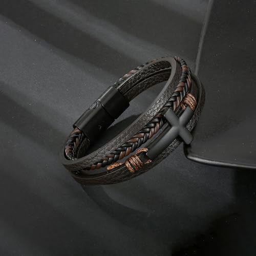 Mens Cuff Cross Bracelet Multi-Layer Braided Leather Cross Bracelet for Religious Bangle Wristband Faith Christian Jewelry for Men Teen - color: B.Brown, size: 8.3in(21~21.5cm, Fits most wrists)