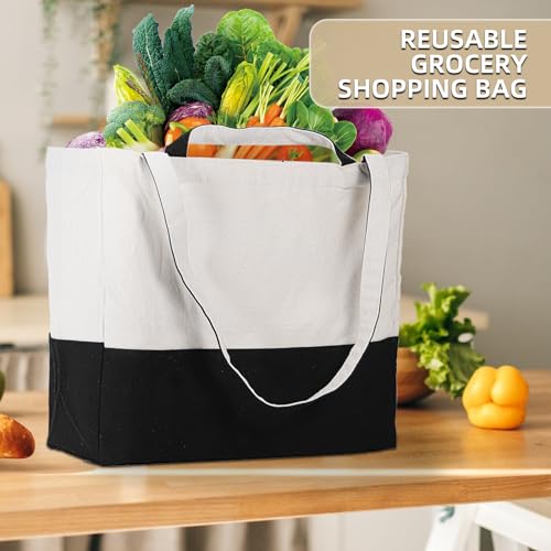 3 Pack Canvas Grocery Bags with Long Shoulder Strap and Short Handle（Black） - color: Black-3pack