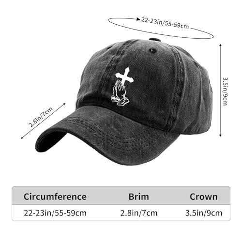 Praying Cross Hat - Faith Adjustable Vintage Washed Cotton Baseball Cap for Men Women - Religious Christian Jesus Gifts - color: Black