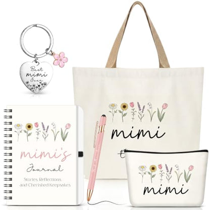 Kinlop 5 Pcs Mimi Gift Set for Women Canvas Tote Bag Notebook Keychain Pen - color: Pink, style: Mimi