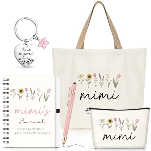Kinlop 5 Pcs Mimi Gift Set for Women Canvas Tote Bag Notebook Keychain Pen - color: Pink, style: Mimi