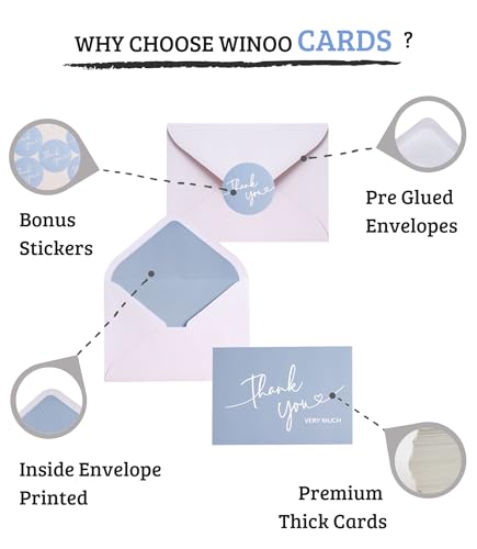 Winoo Design 100 PK Blue Thank You Cards with Envelopes Bulk - 5 x 3.5 Inches Personalized Thank You Notes for Baby Shower Wedding Small Business Graduation Funeral Birthday - color: BLUE
