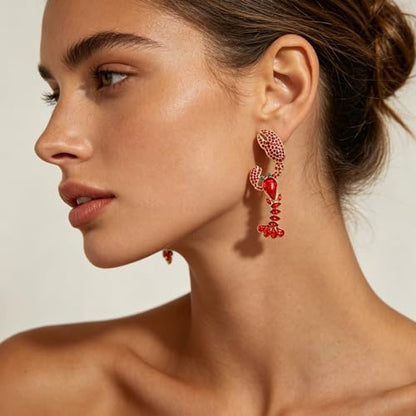 Creative Exaggerated Ocean Animal Drop Dangle Earrings for Women, Bohemia Style Alloy Lobster Octopus Fish Crab Earrings for Summer Beach Holiday Party Jewelry Gifts - style: Red Blue Rhinestone Lobster Earrings-I