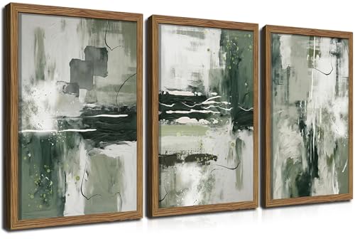 Sage Green Abstract Wall Art Set of 3, Modern Abstract Canvas Wall Decor Paintings, Green Neutral Minimalist Posters Prints Pictures for Living Room Bedroom Office Home Decor 12x16 Inch Wood Framed - color: Green Abstract Art, size: 16L" x 12W"