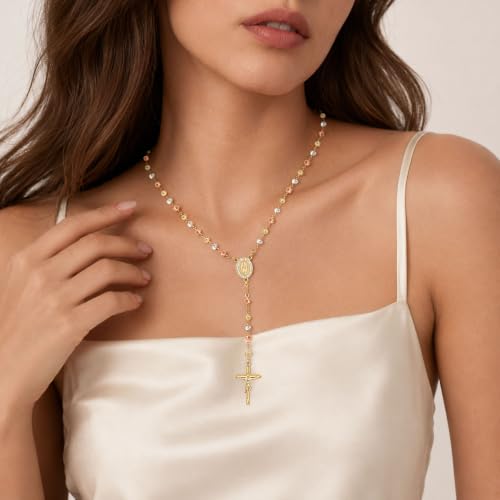 Women's Gold Catolicos Rosary Necklace - 14k Gold Plated Virgin Mary Rosary Bead Cross Necklaces, Non Tarnish Gold Catholic Y Chain Necklaces, Religious Rosary Bead Crucifix Necklace Jewelry for Women - color: Gold-Three color beads