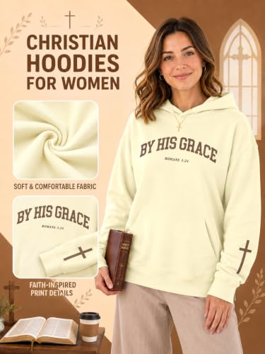 FAYALEQ Christian Sweatshirt By His Grace Letter Print Hoodie Christian Religious Sayings Sweater Bible Pullover Tops - color: Apricot, size: Large