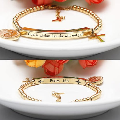 DS Women Christian Charm Bracelet,Cross Scripture Stainless Steel Jewelry - style: God is Within Her She Will Not Fall-Gold