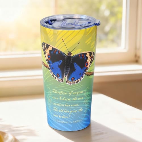Christian Butterfly Tumbler, Bible Verse Travel Mug Coffee Cup - color: Christian Butterfly