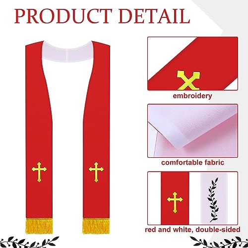 Panitay Embroidered Wedding Reversible Stole with Tassels Clergy Mass Stole with Cross Wedding Pastor Shawl - color: Red and White, style: Classic