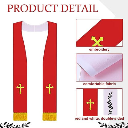 Panitay Embroidered Wedding Reversible Stole with Tassels Clergy Mass Stole with Cross Wedding Pastor Shawl - color: Red and White, style: Classic