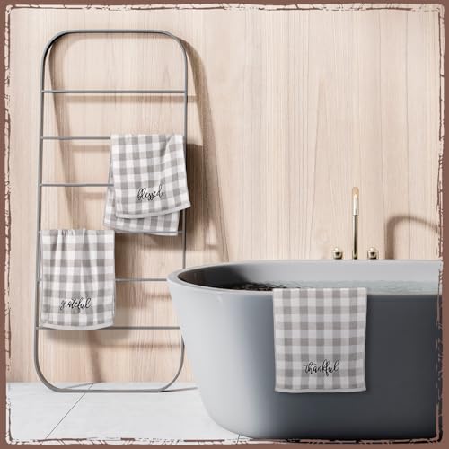 3 Pcs Gray Plaid Farmhouse Hand Towel Blessed Thankful Grateful Embroidered - color: Farmhouse, size: 13.3 x 29.5 inches