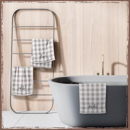 3 Pcs Gray Plaid Farmhouse Hand Towel Blessed Thankful Grateful Embroidered - color: Farmhouse, size: 13.3 x 29.5 inches