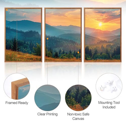Aurlan 3 Pcs Mountain Sunset Framed Canvas Wall Art 16x24 Inch - color: Boho Mountain Sunset Landscape, size: 16"x24"