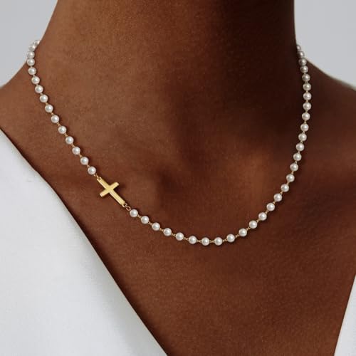 Airmb Cross Necklace for Women Choker 14K Gold/925 Silver Plated Dainty Choker Small Cross Pendant Trendy Cute Cross Charm Delicate Necklace Hypoallergenic Faith Jewelry Religious Gifts for Women - color: Sideways Cross-Pearl Chain-Gold