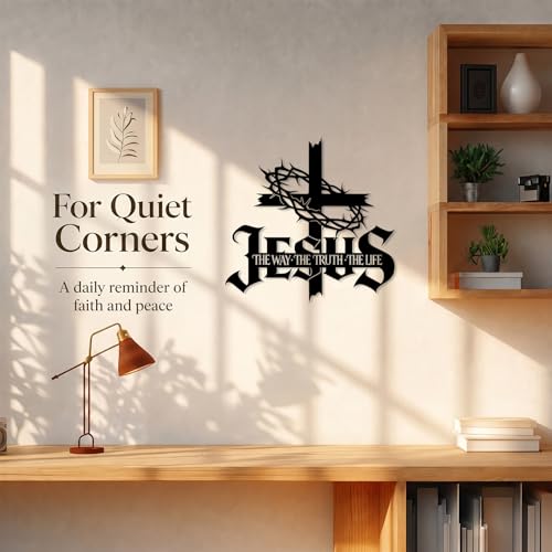 Jesus Wall Art Cross Wall Decor with Crown of Thorns - Metal Christian Wall Art "The Way The Truth The Life" Sign, Black Iron Religious Wall Art & Christian Wall Decor for Home Living Room Church - color: Black 13 x 12.7 in