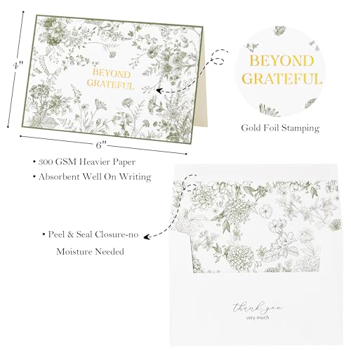 Crisky 4x6 Beyond Grateful Thank You Cards with Envelopes Bulk, 50 Pack Green Floral Thank You Notes with Envelopes Set for Bridal Shower, Wedding Engagement, Baby Shower, Graduation, Birthday - style: Modern