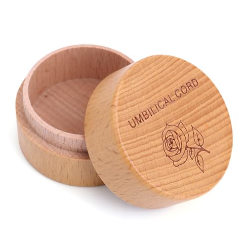 Umbilical Cord Memorial Box, Engraved Wooden Round Newborn Baby Keepsake Tooth Box Fetal Hair Memorial Storage Container for Baby Shower Pregnancy Christening Gift