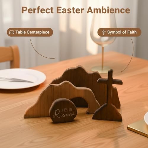The Empty Tomb Easter Scene and Cross Decoration Wooden Easter Resurrection Scene Cross Decor Jesus Tomb Tray Set for Home Office Tabletop Religious Decoration