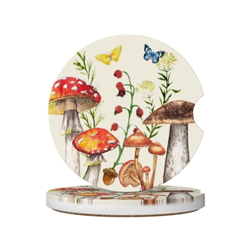 Mushroom Butterfly Car Coasters for Cup Holder Absorbent Ceramic Cup Coaster 2 Pack Anti Slip Car Interior Accessories with Finger Notch Cork Base for Women Men 2.56" - color: Mushroom Butterfly