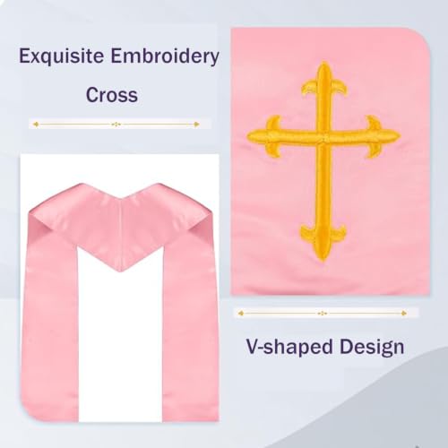 Clergy Stole & Choir Stole with Cross Embroidery 60'' (Pink) - color: Pink