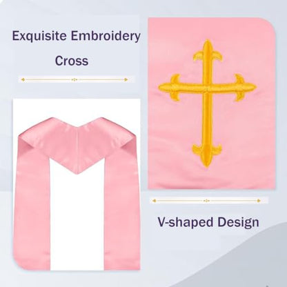 Clergy Stole & Choir Stole with Cross Embroidery 60'' (Pink) - color: Pink